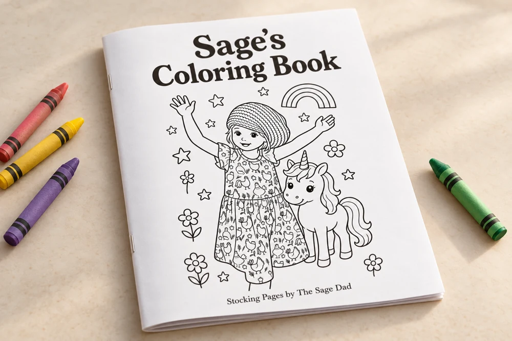 Sage’s personalized coloring book, with a unicorn cover and saddle-stitched pages